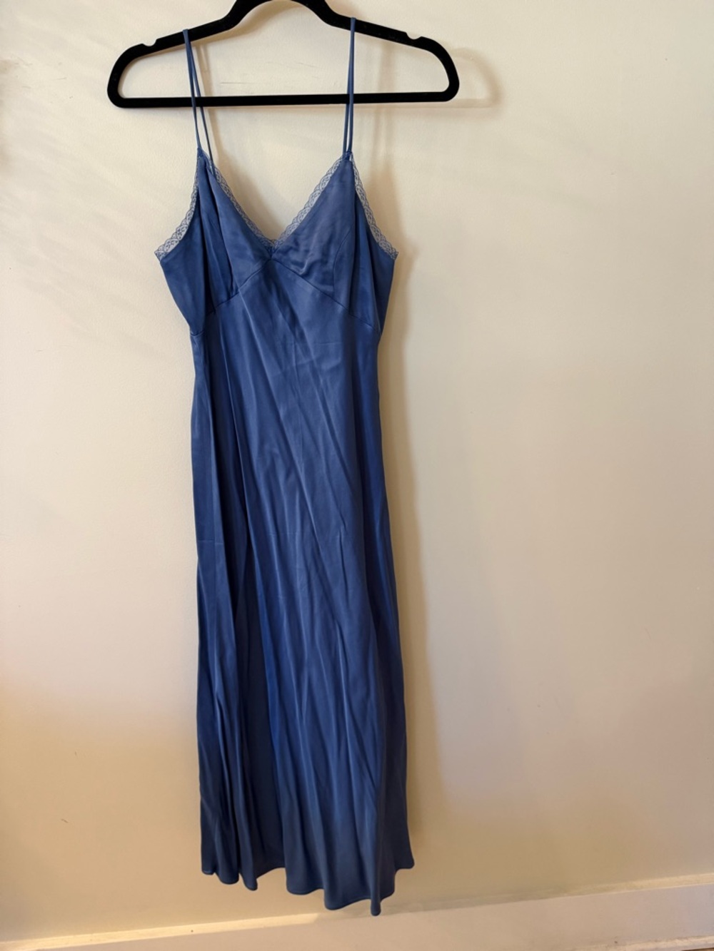 Zara Blue Satin Midi Slip Dress with Lace Trim